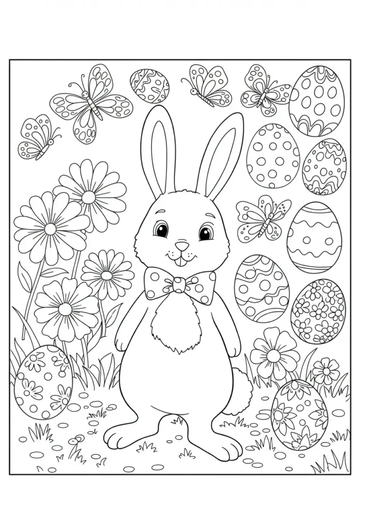 coloring pages of a bunny with eggs and flowers