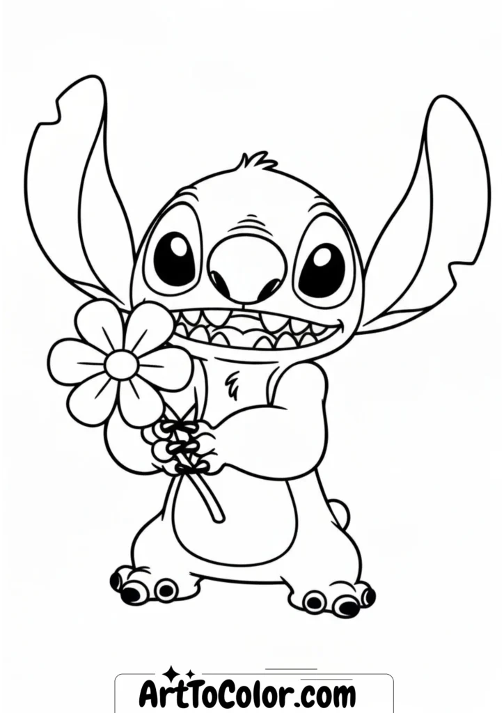 Stitch Holding a Flower Coloring Page
