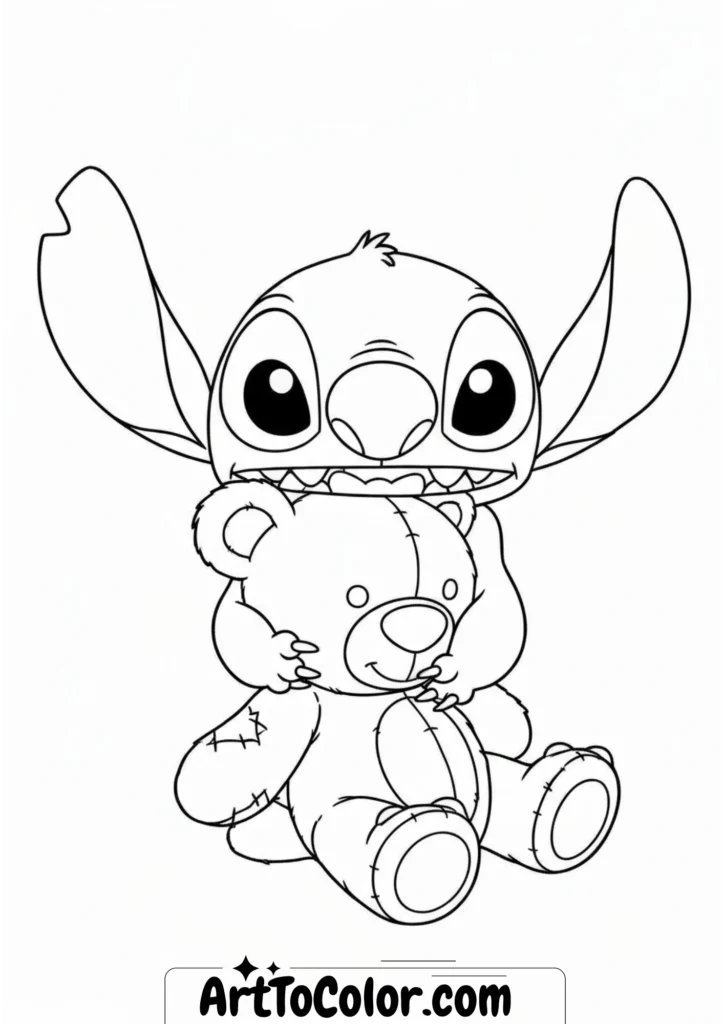 Stitch Hugging Teddy Bear Coloring Page