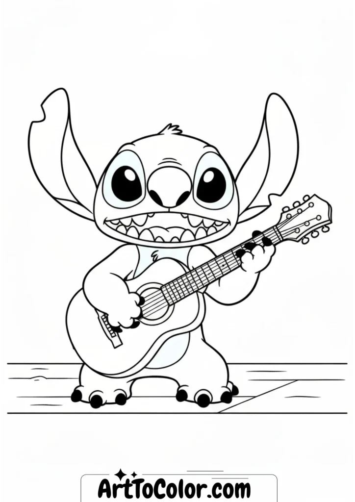 Stitch Playing Guitar Coloring Page